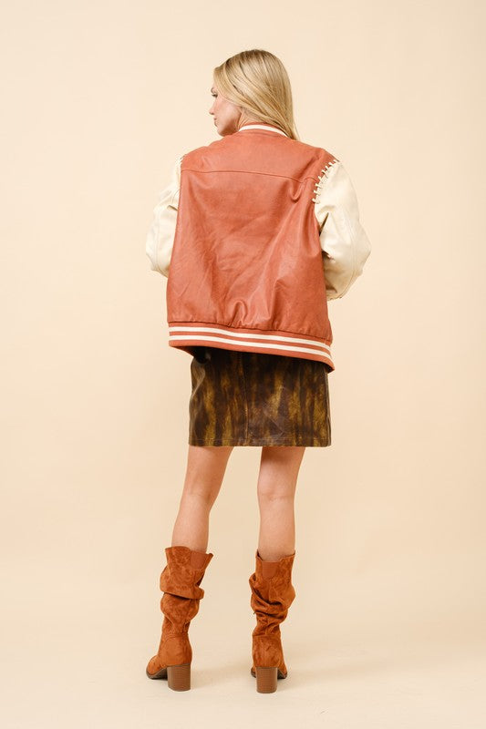 Faux Leather western Embroidered Bomber Jacket