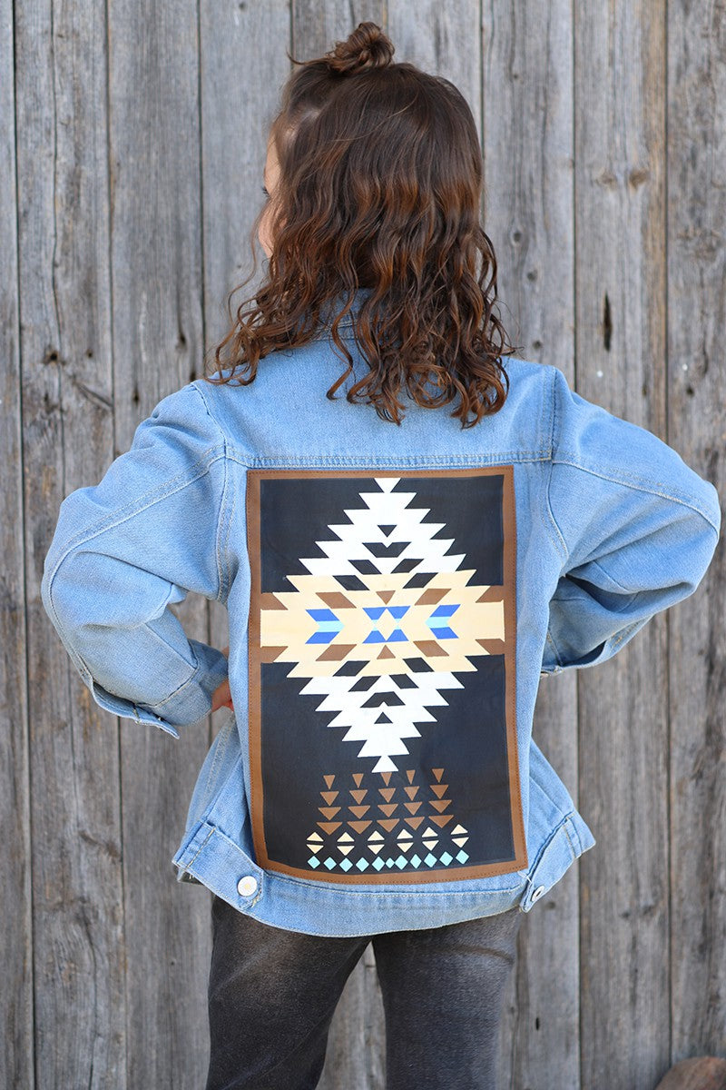 Girls Blue Denim Aztec Jacket
