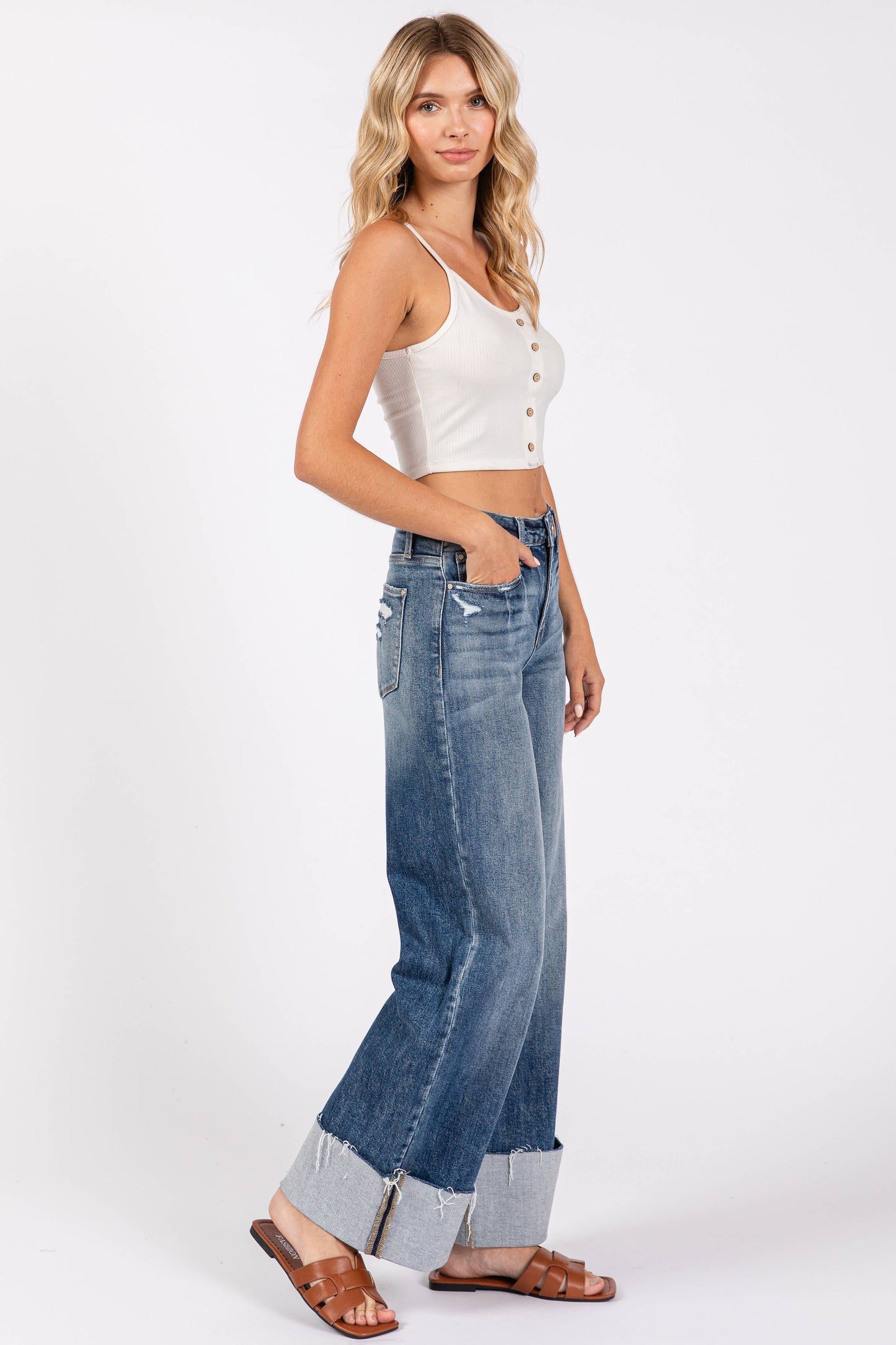 HIGH RISE STRETCH WIDE LEG W/ CUFFED HEM JEANS