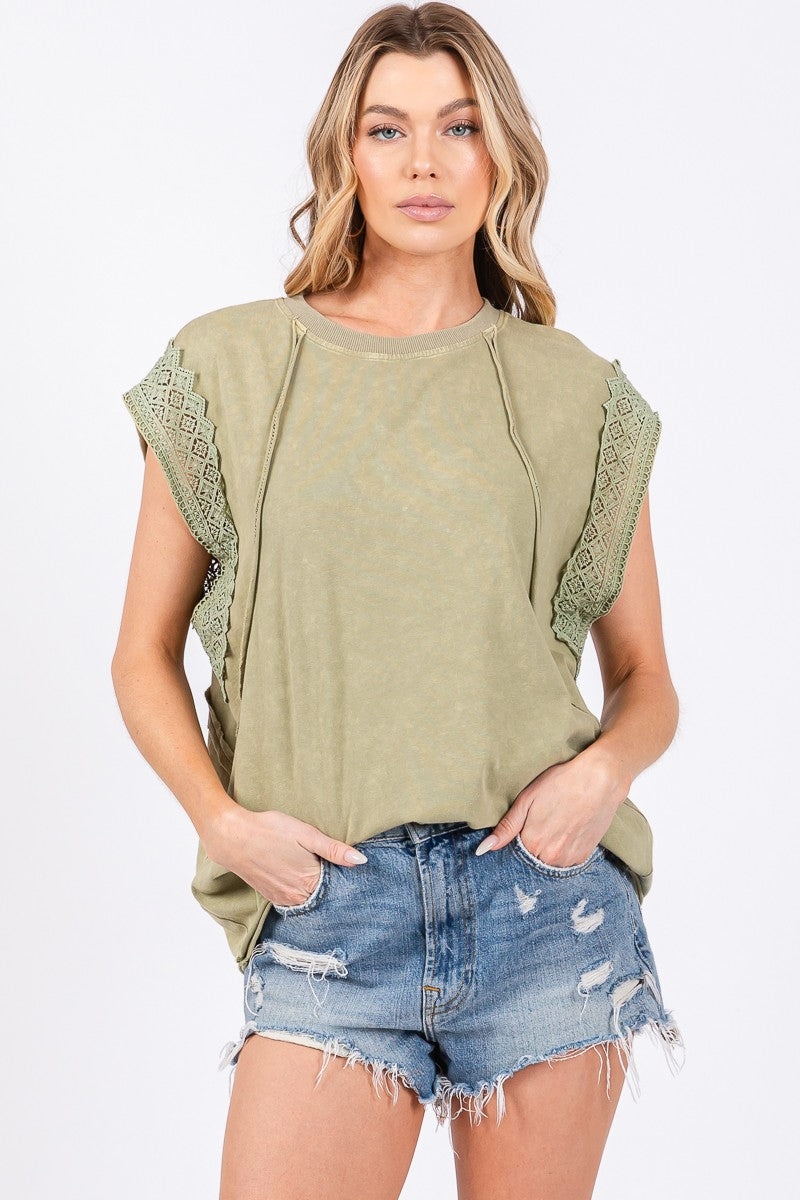 Mineral Washed Lace Sleeve Top