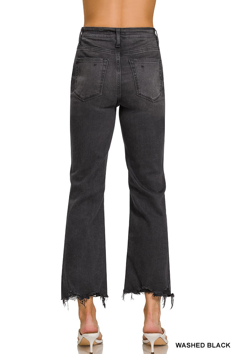 Zenana WASHED DISTRESSED KNEE AND HEM PANTS
