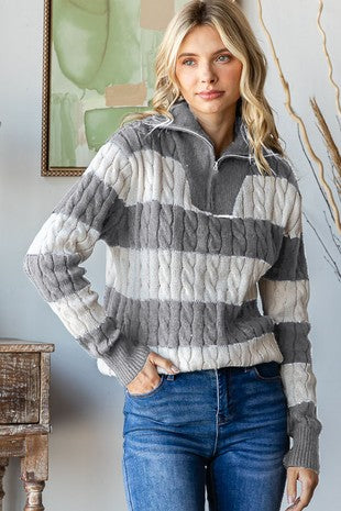 Grey/Cream Stripe Cable Knit Half Zip Sweater