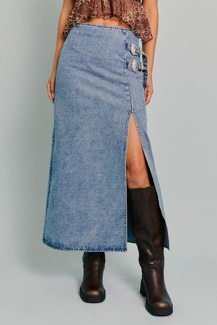DOUBLE SILVER BUCKLE DETAIL DENIM MIDI SKIRT