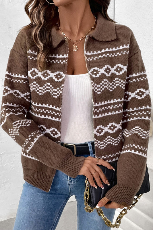 Geometric Print Zip-Up Casual knit