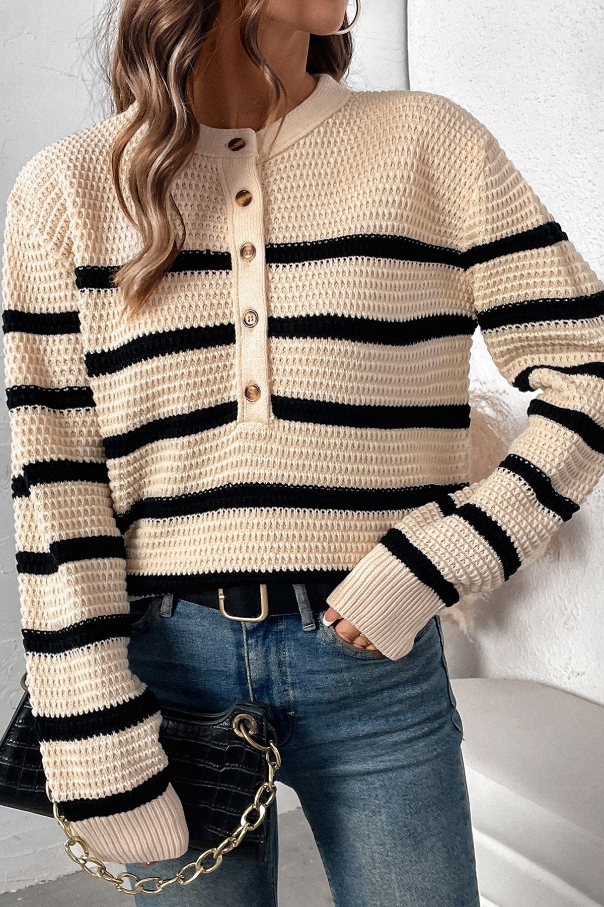Henley Neck Stripped Knit