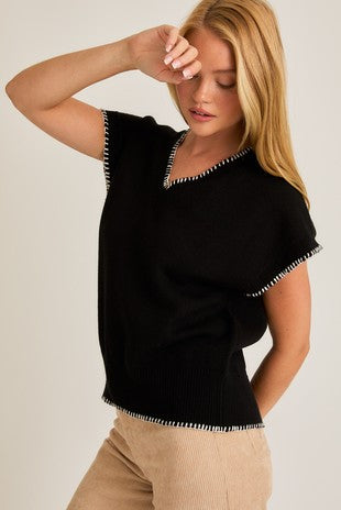 DROP SHOULDER V-NECK STITCH DETAIL SWEATER VEST