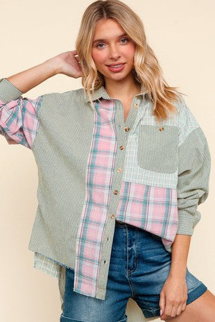 PATCHWORK BUTTON DOWN LOOSE FIT WITH POCKETS