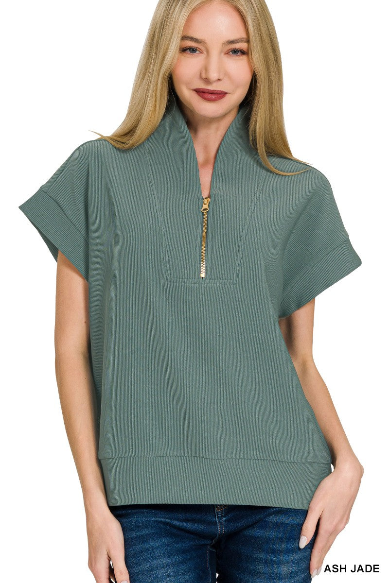Ribbed High Neck Half Zip
