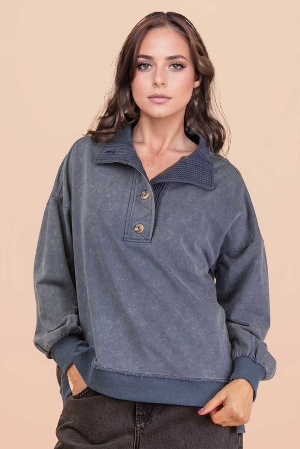 Mock Neck Mineral Washed Knit Causal Top