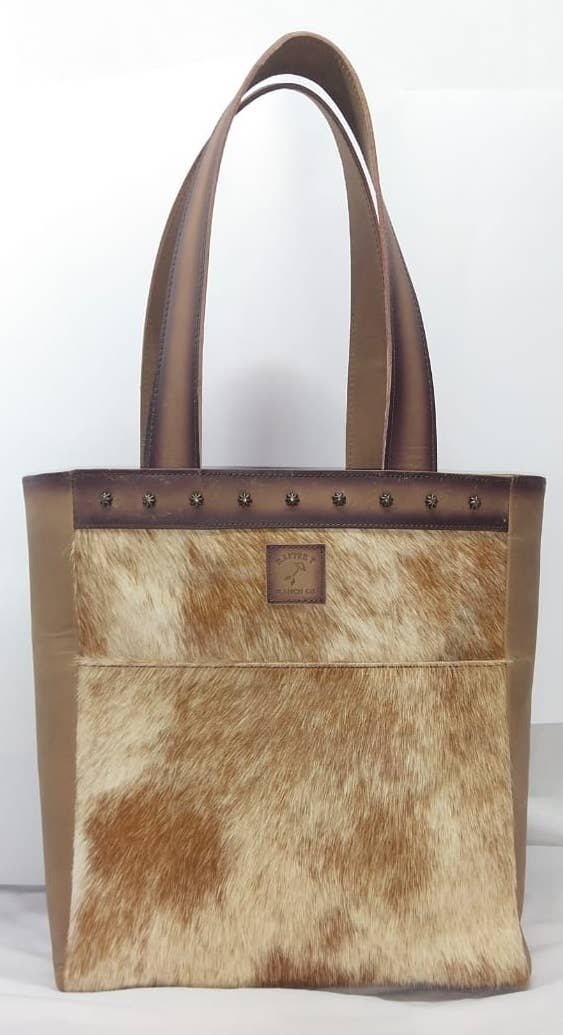 Tote Bag with Brown/White HairOn. Cotton Drill Brown Leather