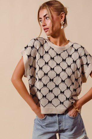 BOW RIBBON PATTERN DOLMAN LIGHT WEIGHT SWEATER TOP