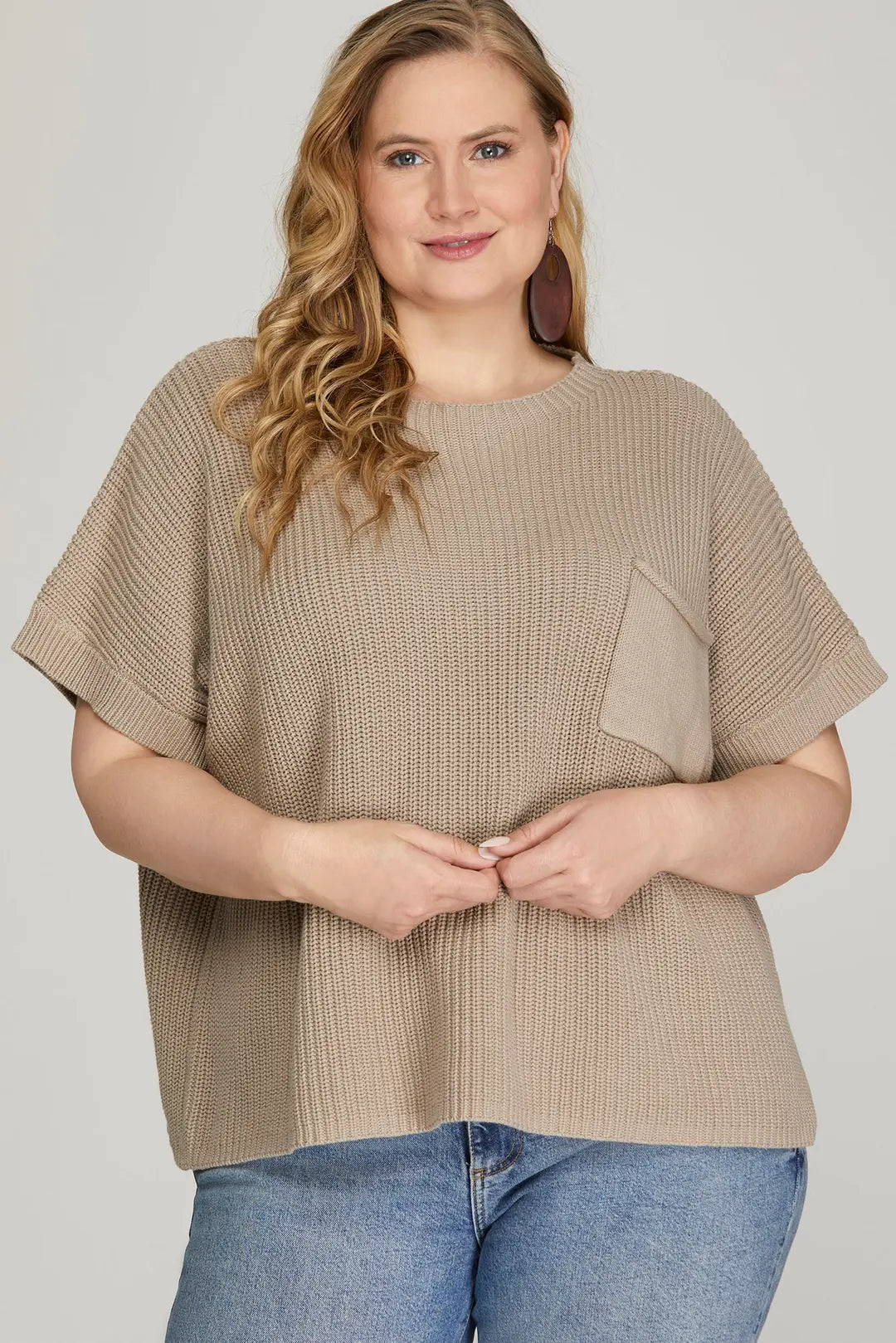 PLUS - DROP SHOULDER SHORT SLEEVE SWEATER TOP WITH SIDE POCKET (2 Colors)