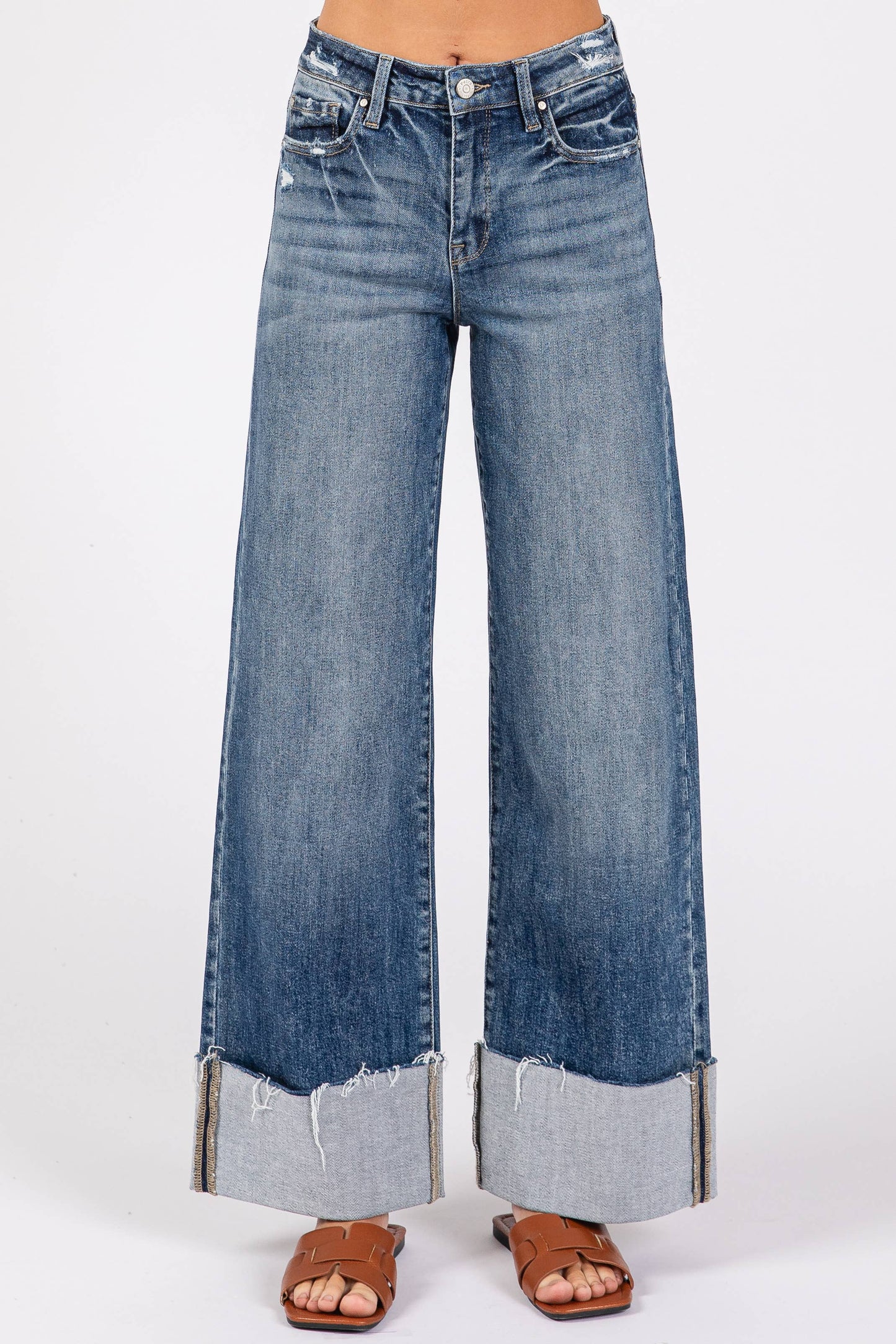 HIGH RISE STRETCH WIDE LEG W/ CUFFED HEM JEANS