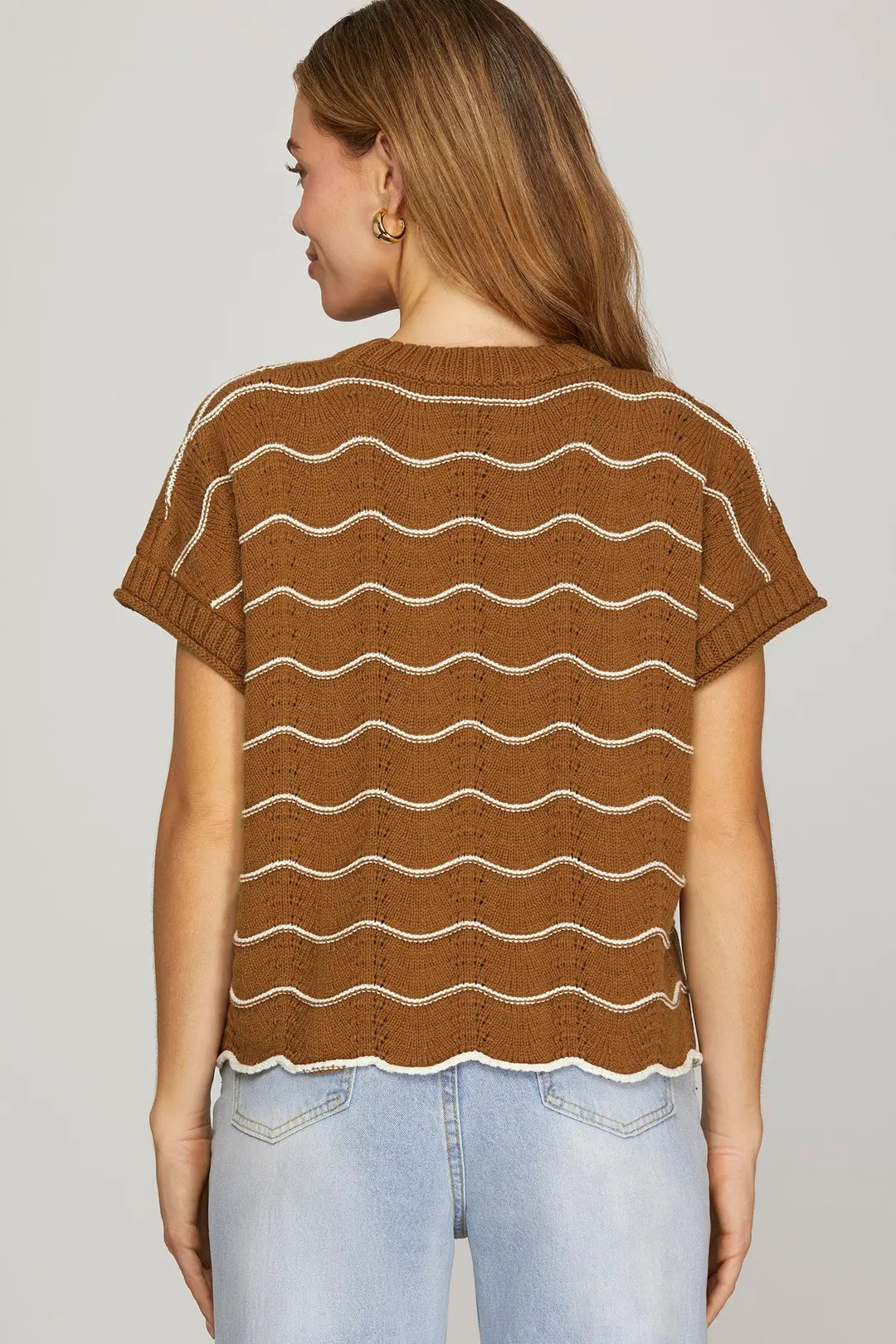 DROP SHORT SLEEVE SCALLOP STRIPED PATTERN KNIT SWEATER TOP