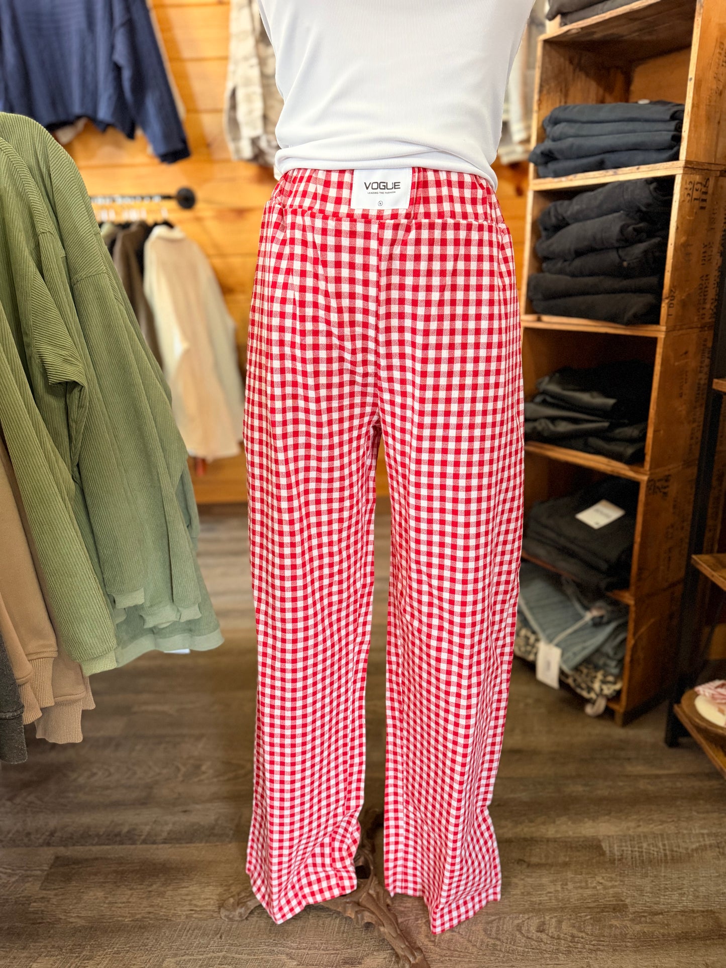 Striped Gingham Wide Leg Pants Red
