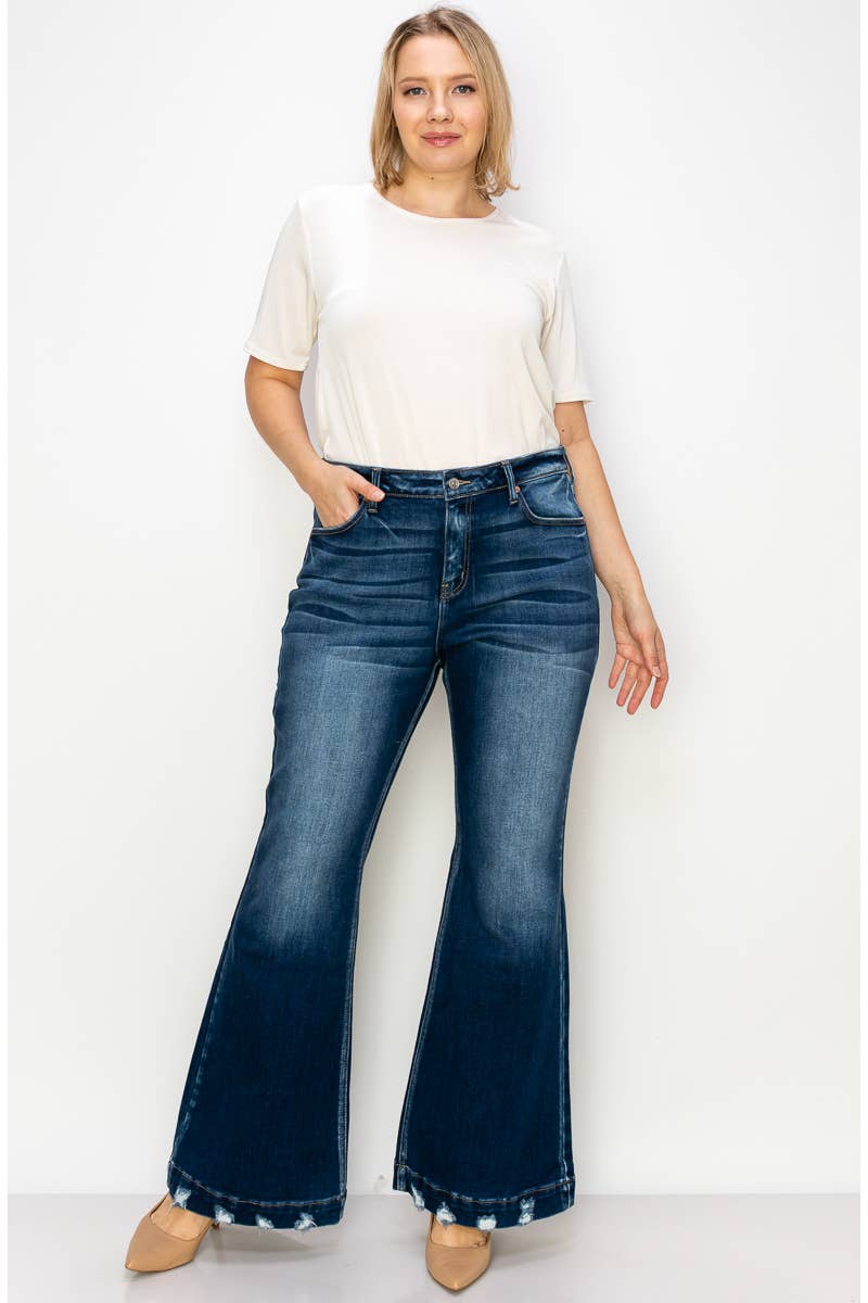 Artemis Vintage PLUS SIZE MID RISE SUPER FLARE W/ DISTRESSED WIDE HEM JEANS