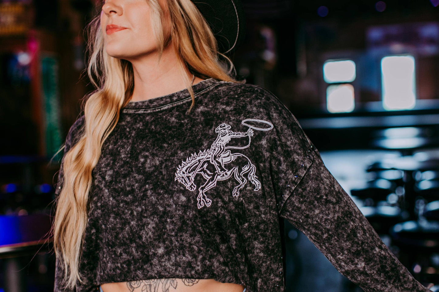 Acid washed Embroidery Studded LS Crop Sweatshirt