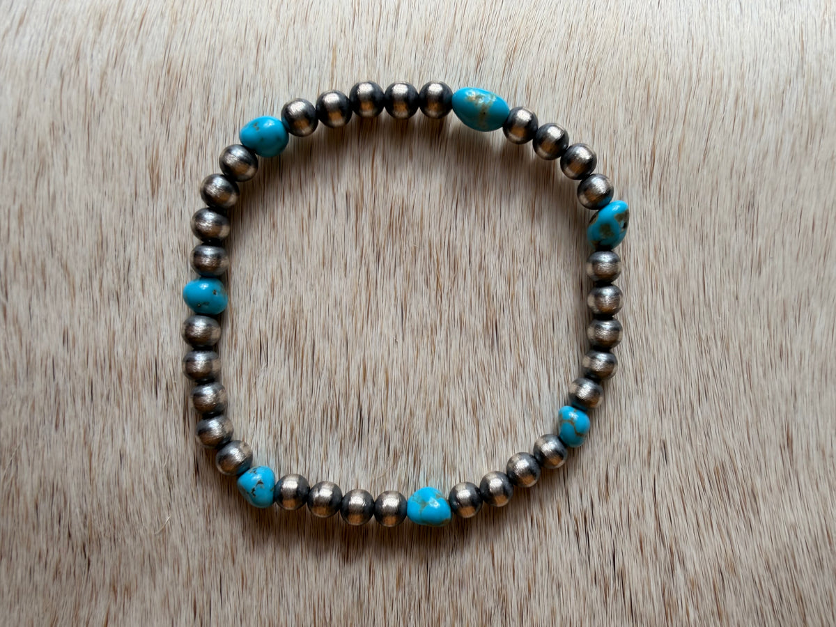 Sterling Silver Pearls & Turquoise Beaded Stretch Bracelet