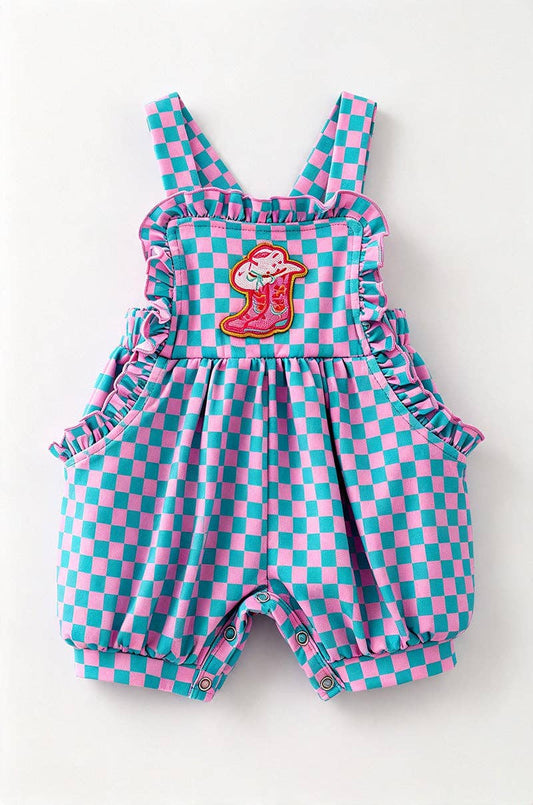 Pink & Blue checkered baby romper with pockets