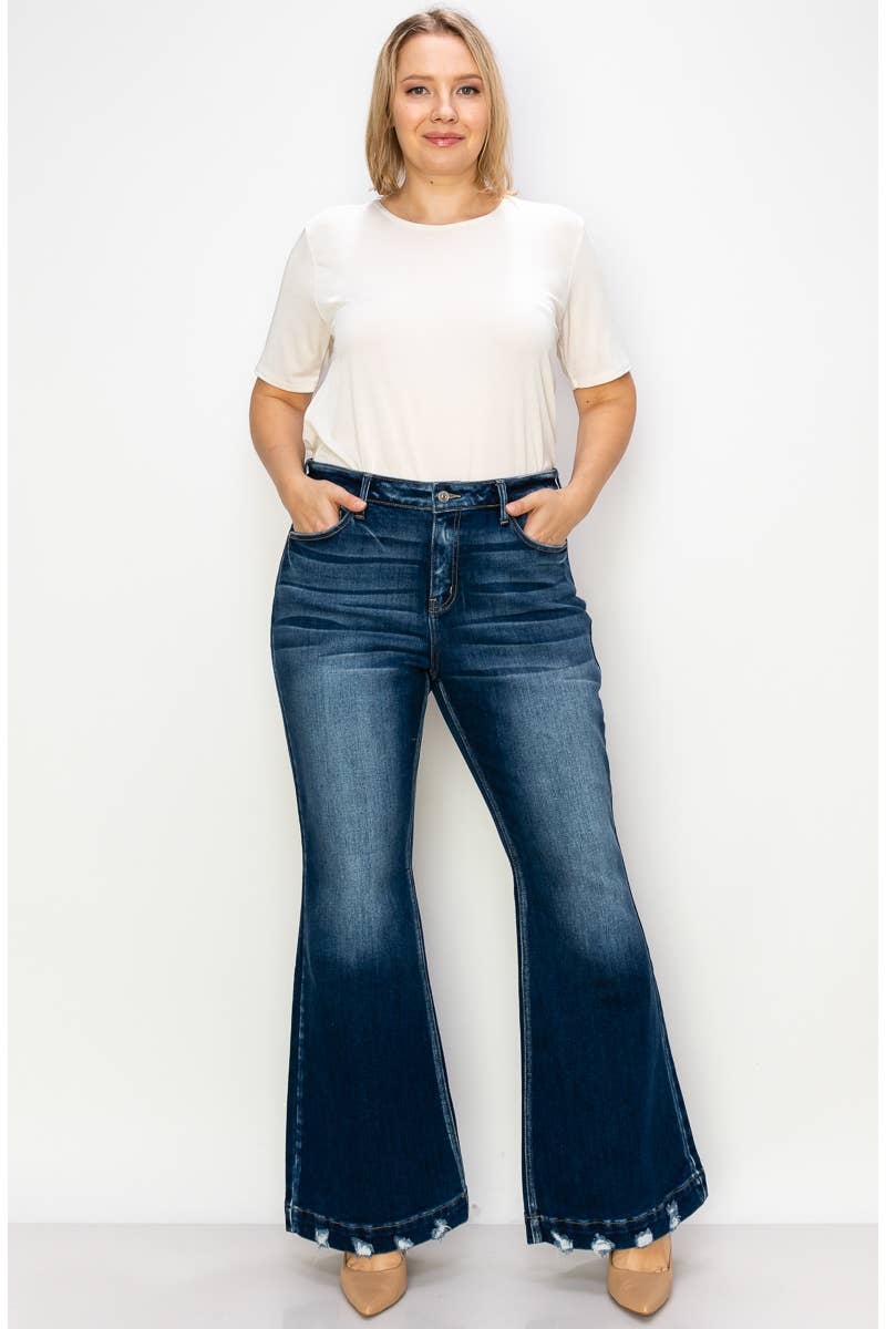 Artemis Vintage PLUS SIZE MID RISE SUPER FLARE W/ DISTRESSED WIDE HEM JEANS