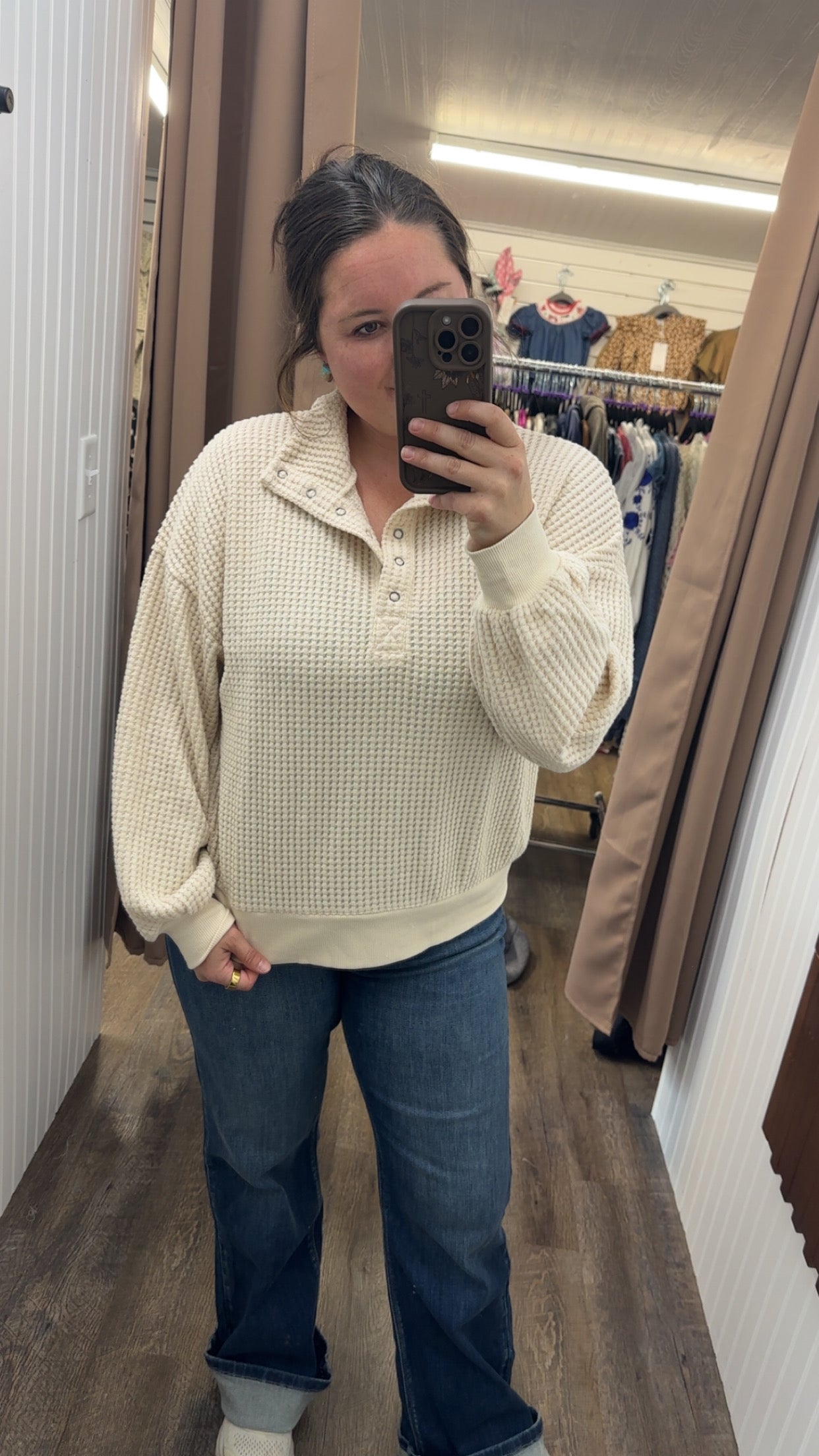Oversized Half Button Down Casual Waffle Knit Top