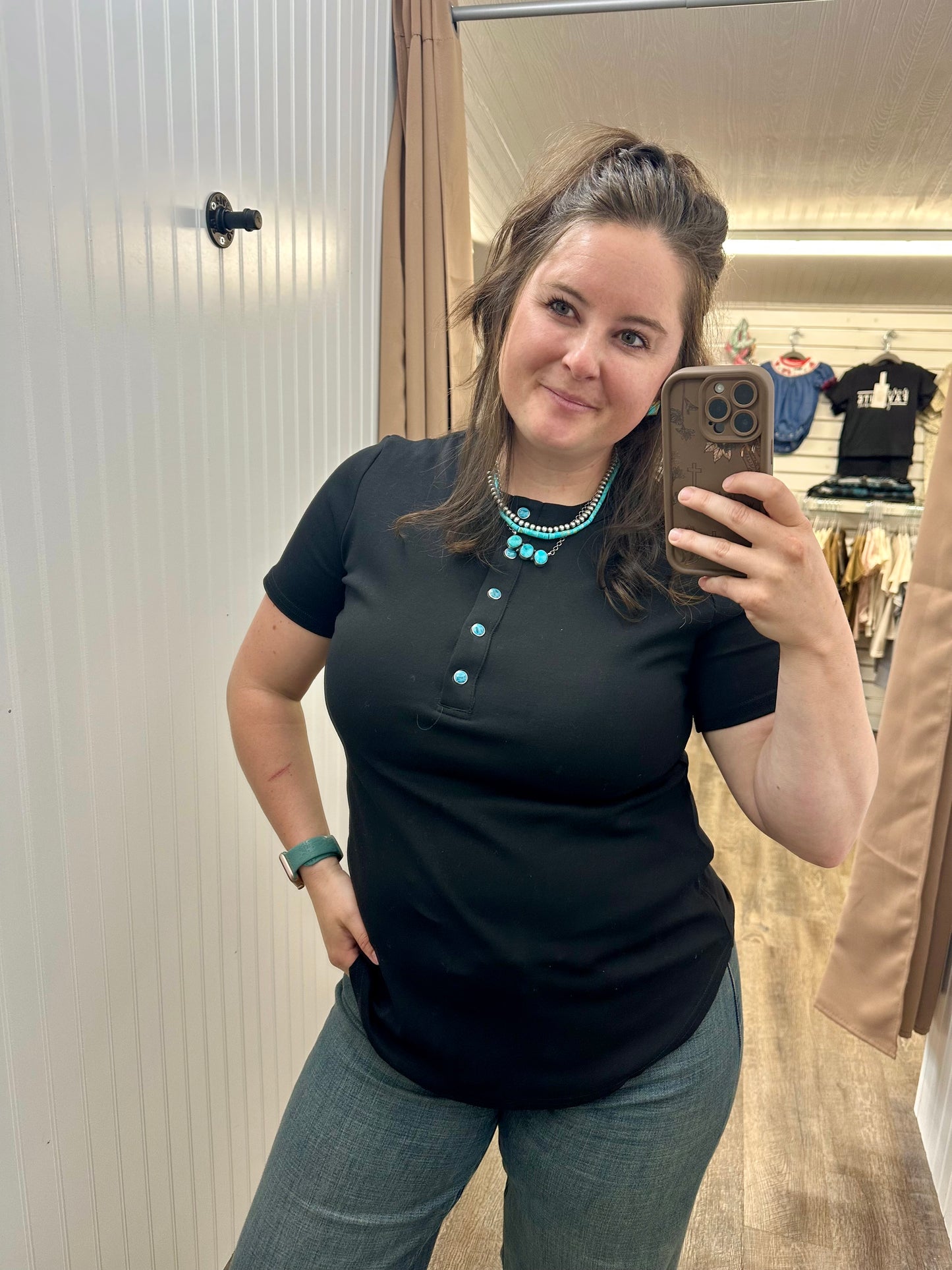 Short Sleeve Turquoise Snap Button Down T-Shirt (Regular & Plus)(3 Colors)