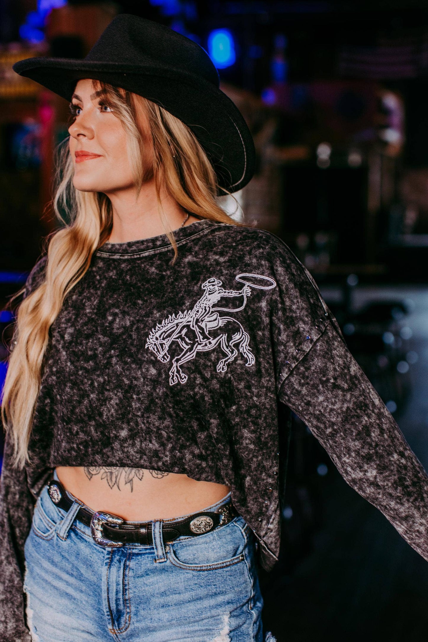 Acid washed Embroidery Studded LS Crop Sweatshirt