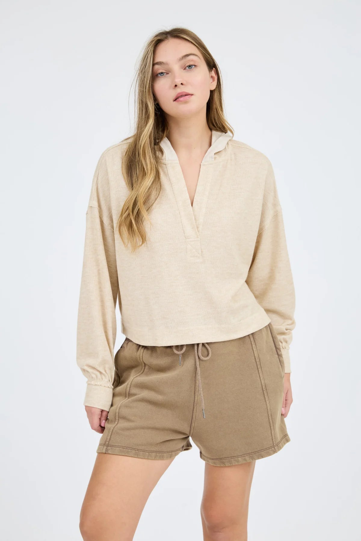 HOODED SPLIT NECK LONG SLEEVE KNIT TOP