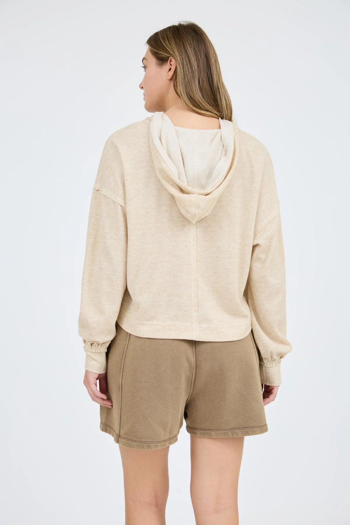 HOODED SPLIT NECK LONG SLEEVE KNIT TOP