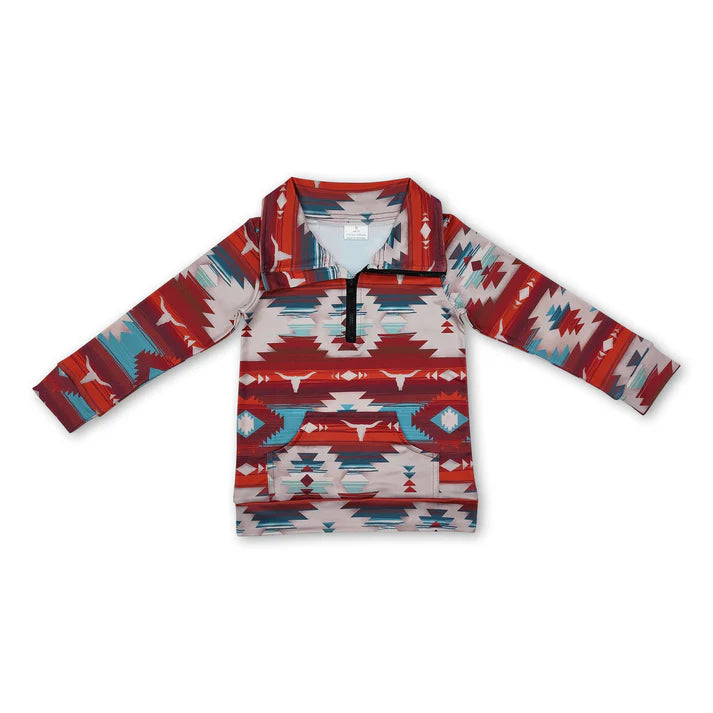 Brown Turquoise Aztec Bull Skull Kids Pullover