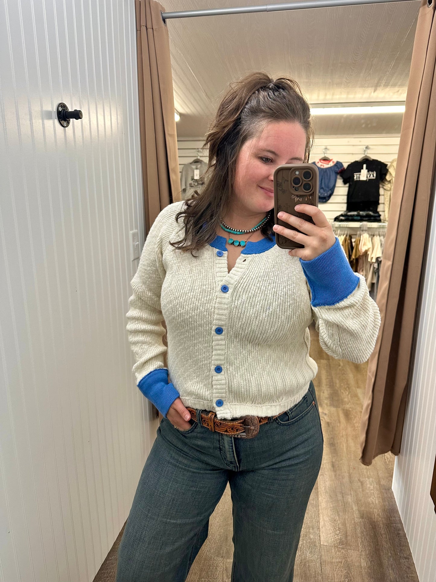 Taupe Cardigan with Blue Details