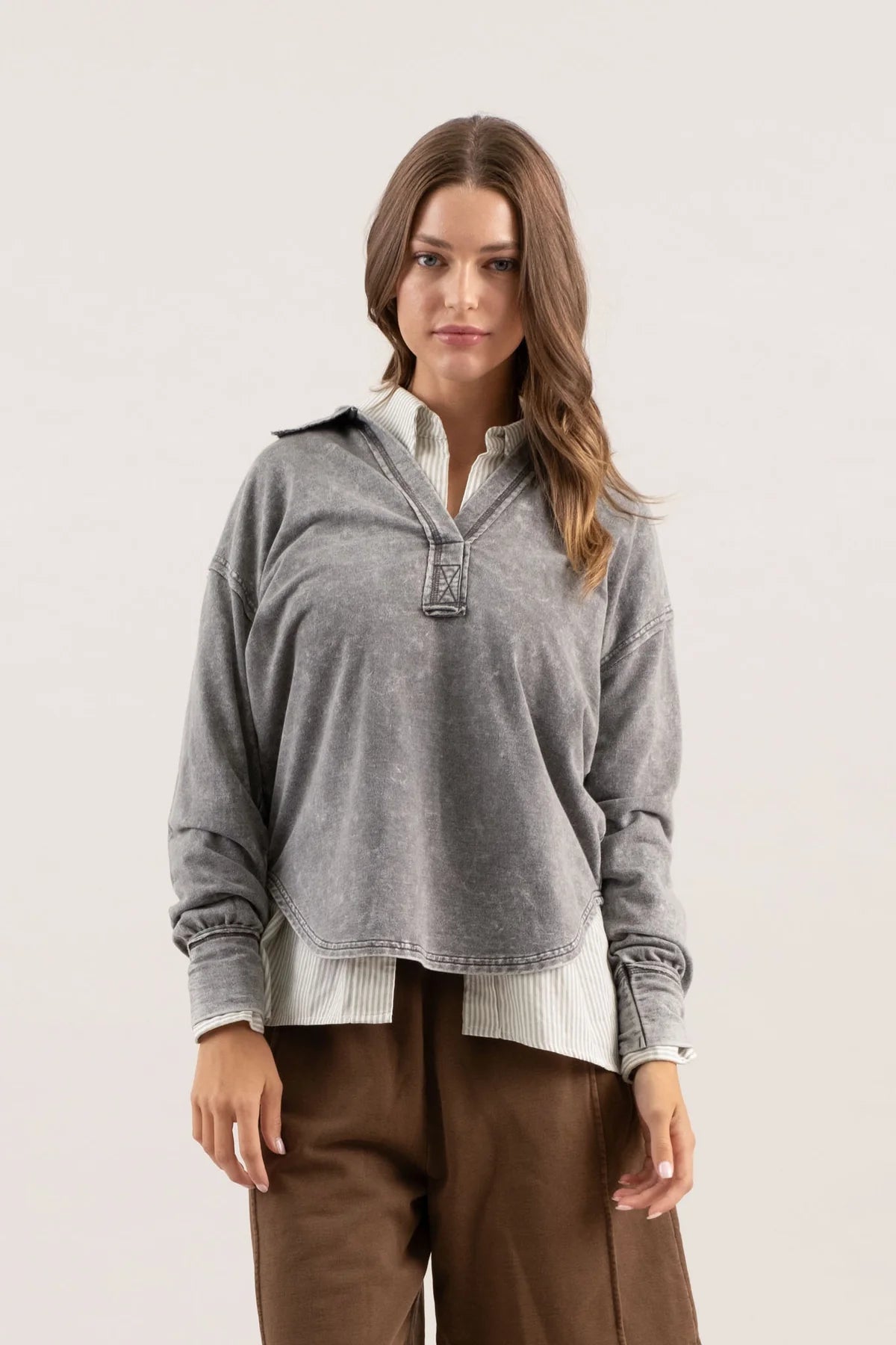 WASHED COLLARED LONG SLEEVE KNIT TOP (2 Colors)