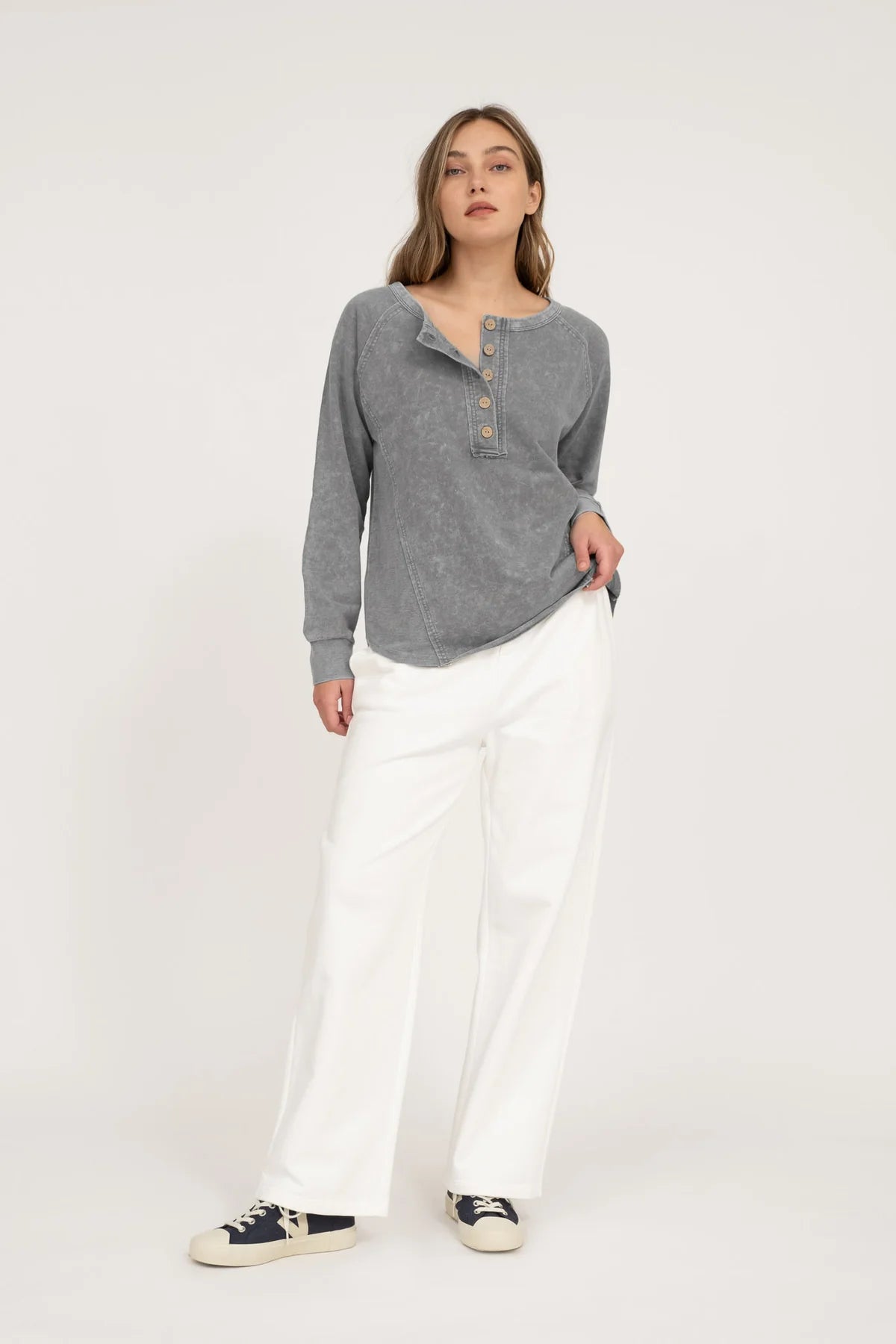 WASHED HENLEY RAGLAN LONG SLEEVE KNIT TOP (2 Colors)