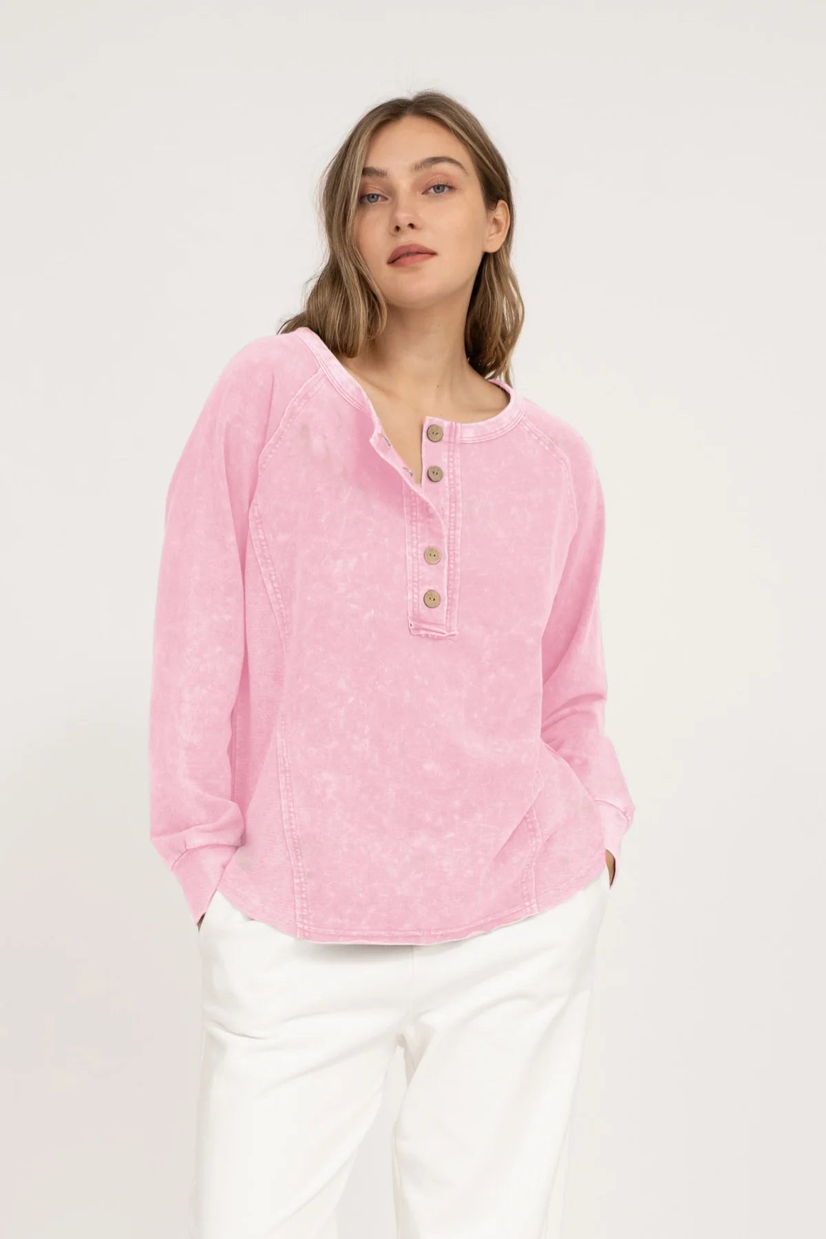 WASHED HENLEY RAGLAN LONG SLEEVE KNIT TOP (2 Colors)