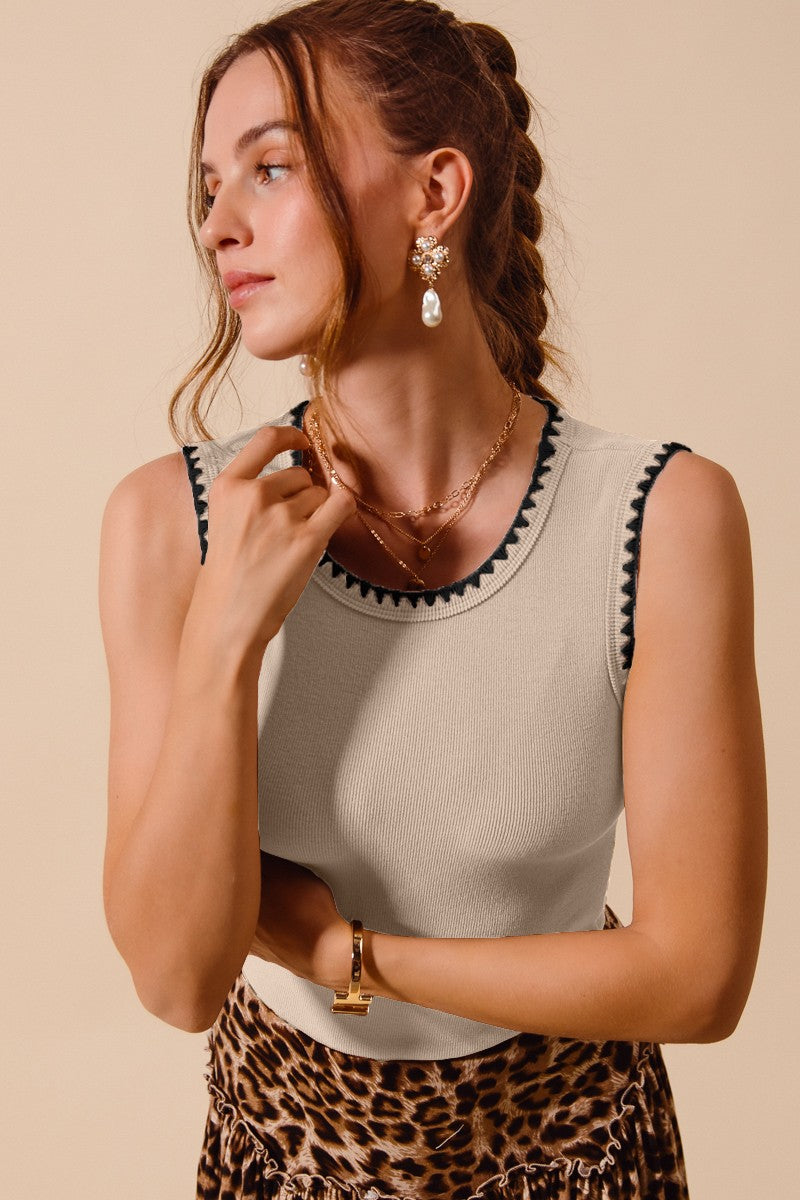 Rib Sleeveless Tank With Embroidery Detail