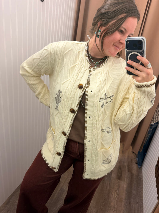 Western Ranch Embroidered Cable Knit Cardigan