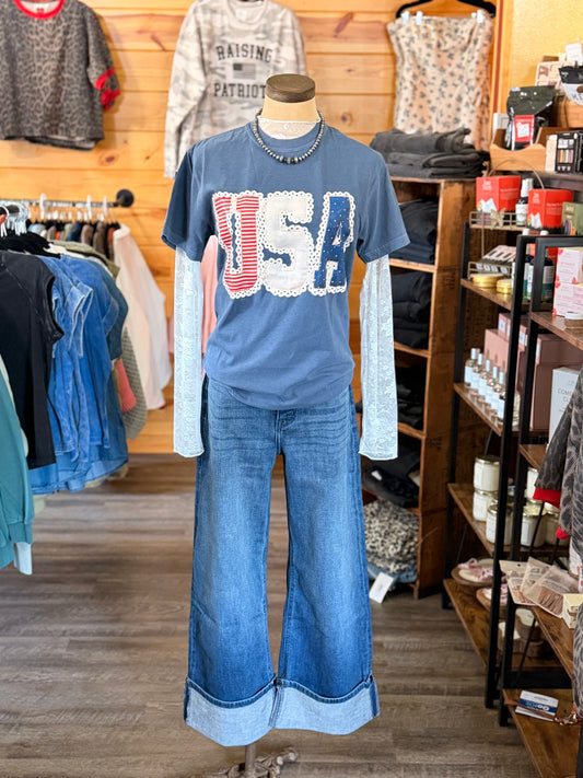 USA Lace Graphic Tee on Denim