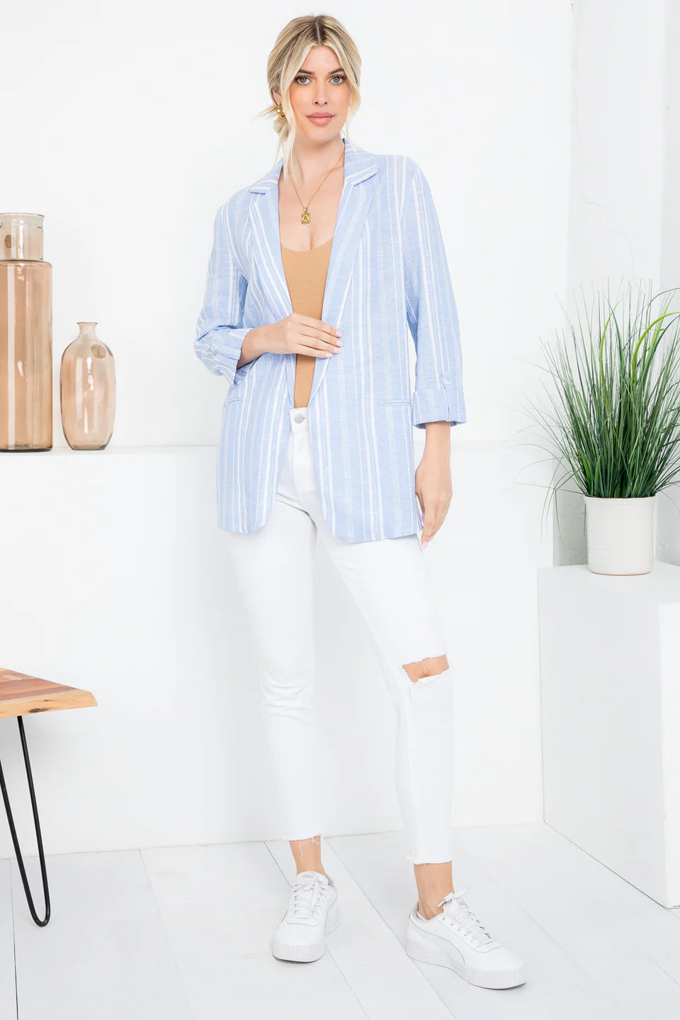LINEN BLEND STRIPE ROLL UP BLAZER