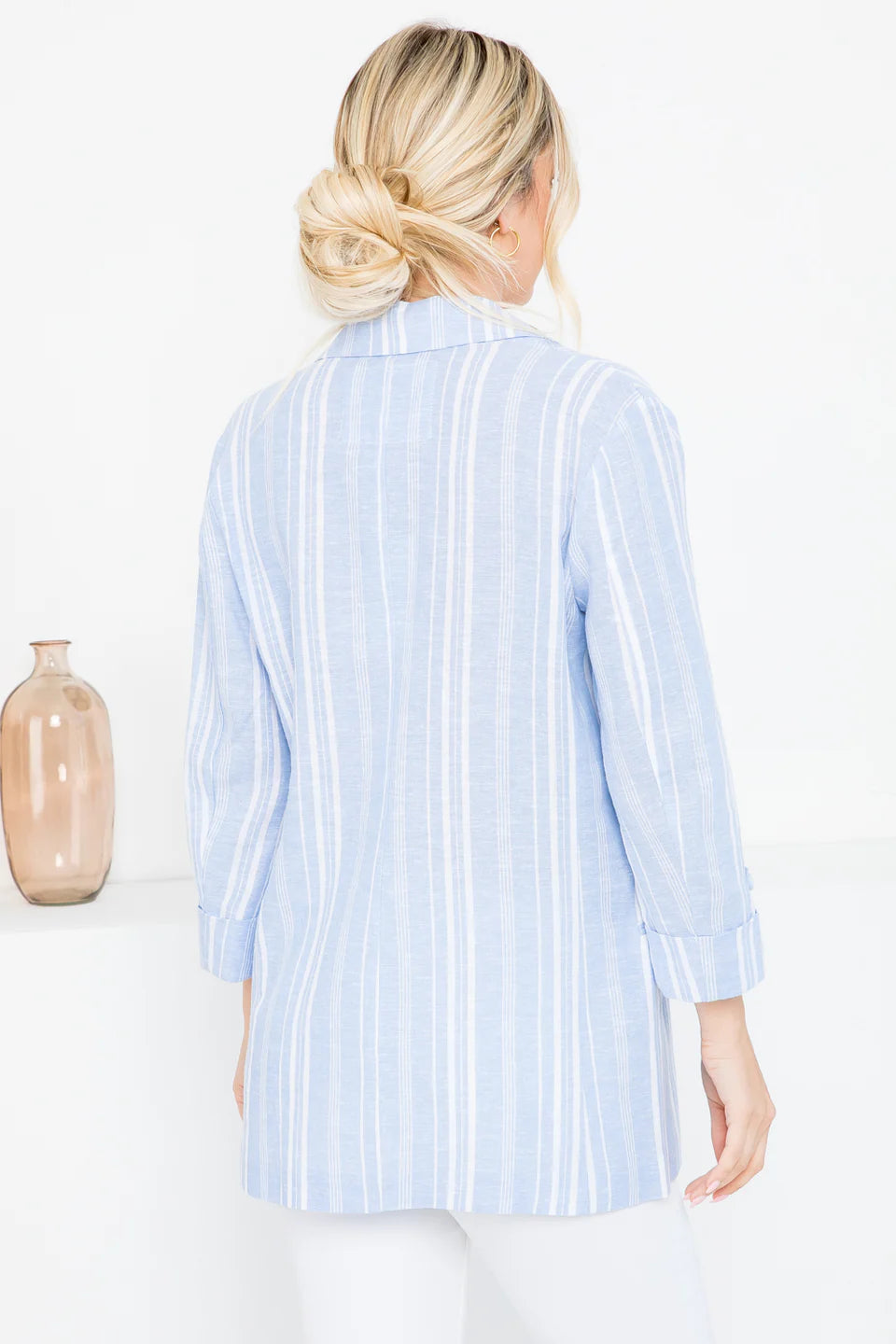 LINEN BLEND STRIPE ROLL UP BLAZER