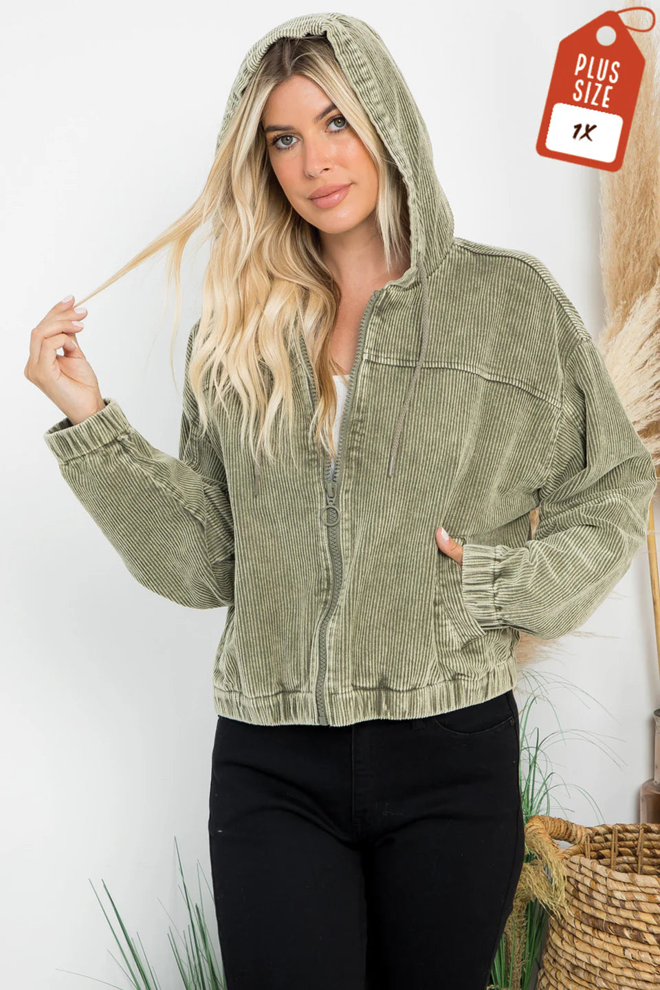 WASHED CORDUROY HOODED BOMBER (Plus)