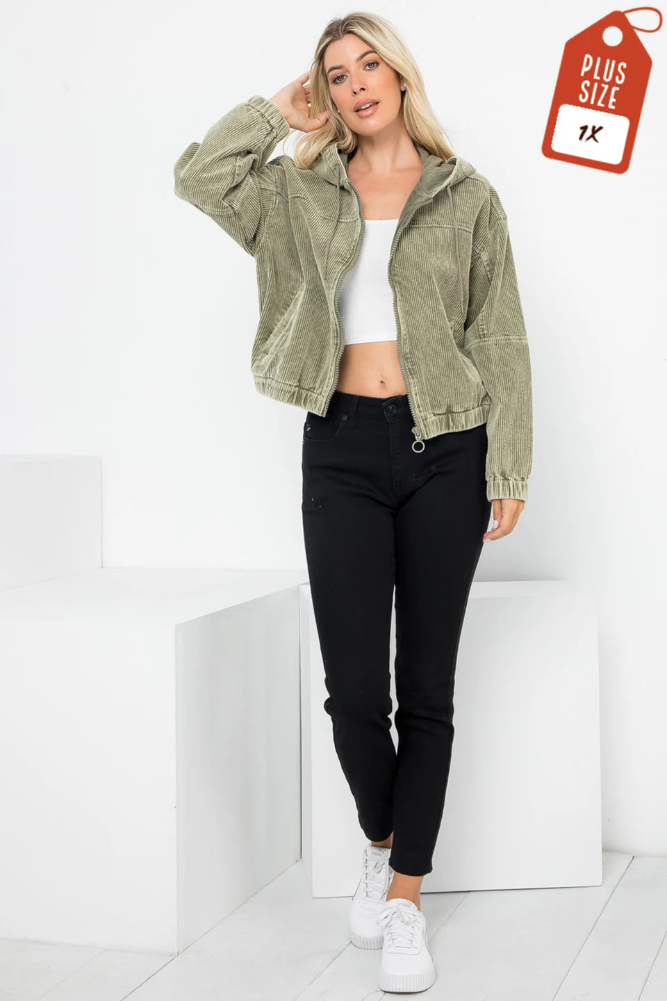 WASHED CORDUROY HOODED BOMBER (Plus)