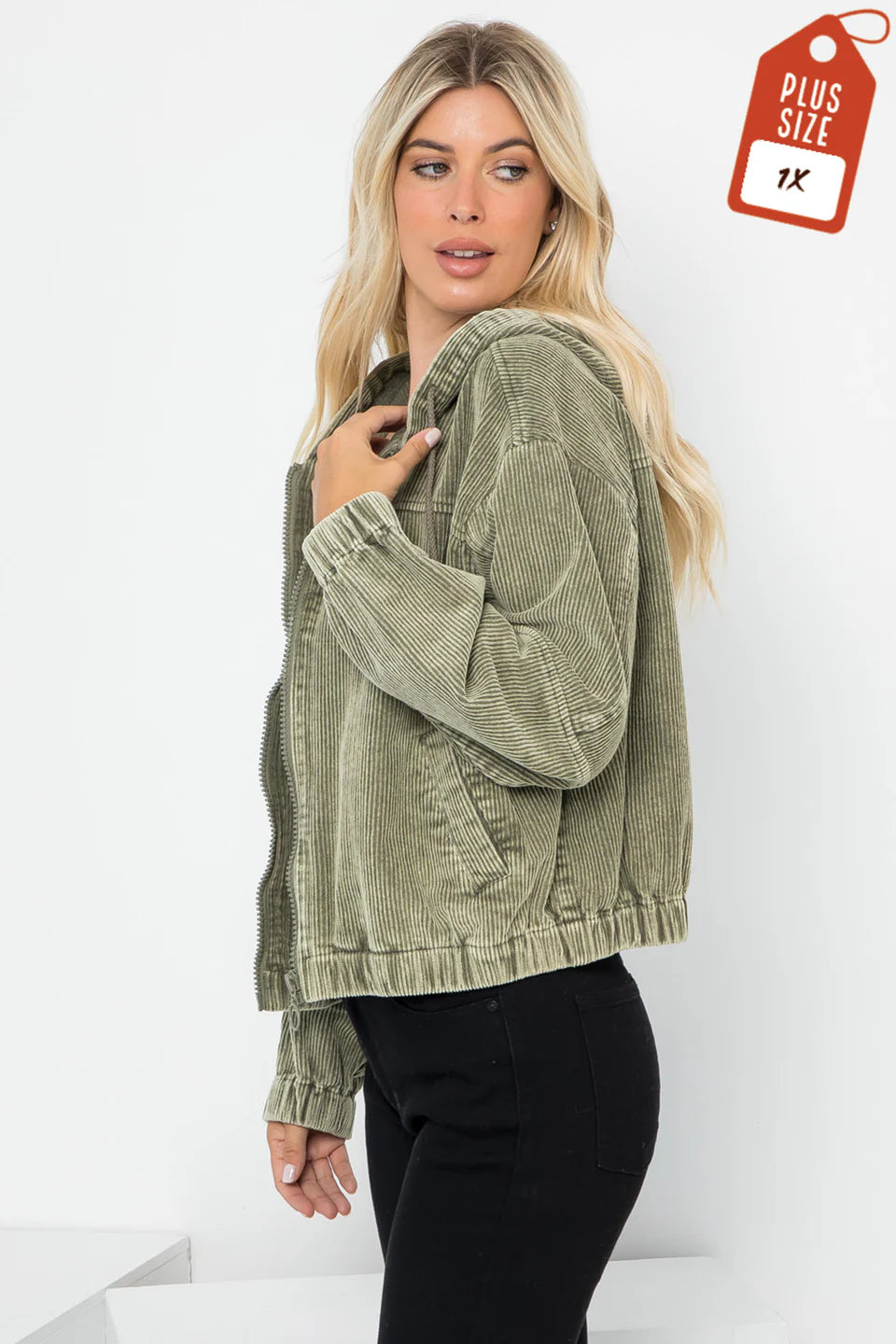 WASHED CORDUROY HOODED BOMBER (Plus)