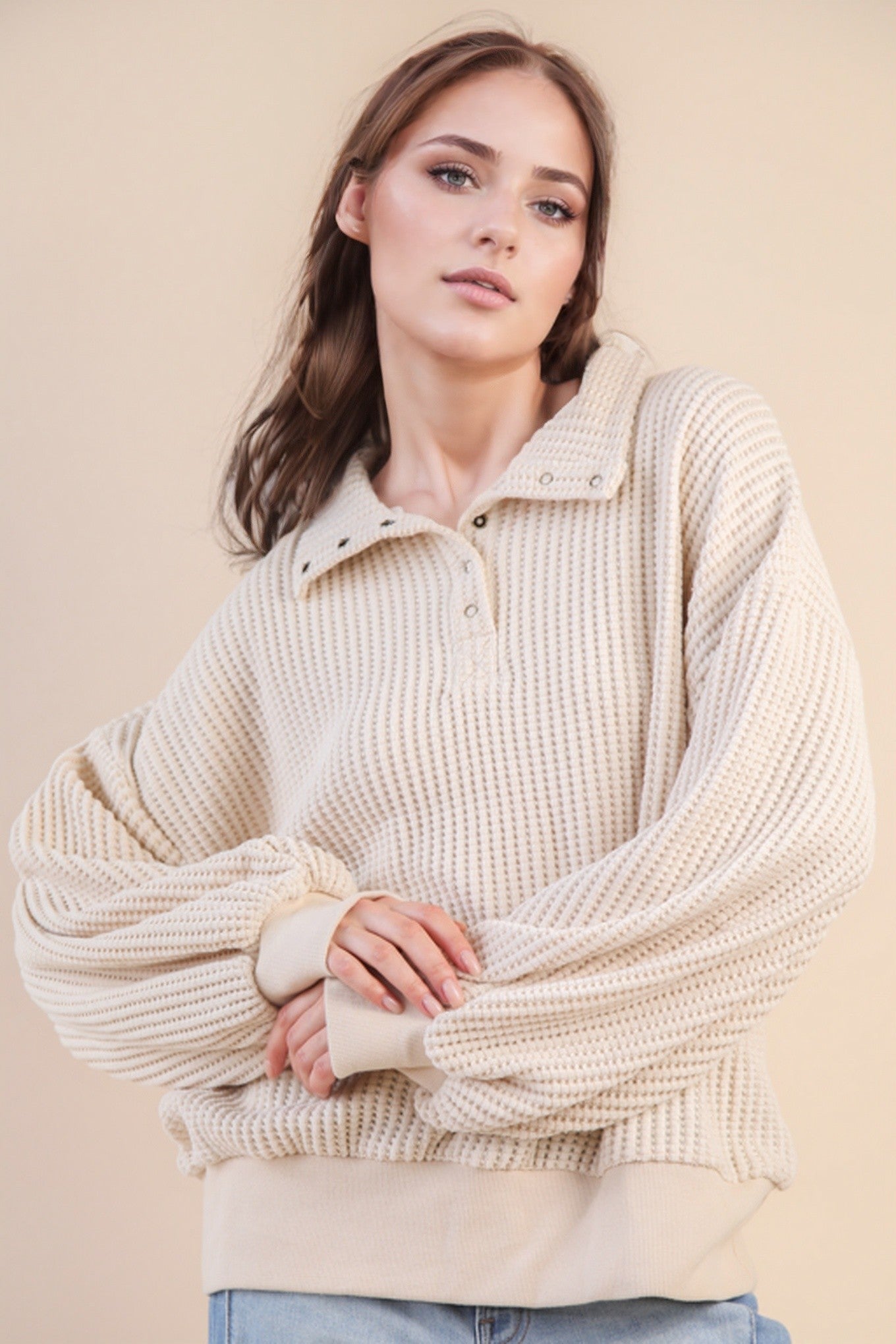 Oversized Half Button Down Casual Waffle Knit Top