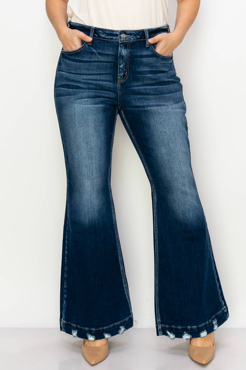 Artemis Vintage PLUS SIZE MID RISE SUPER FLARE W/ DISTRESSED WIDE HEM JEANS