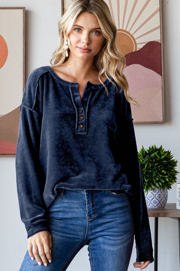 Navy Button Front Pullover Top