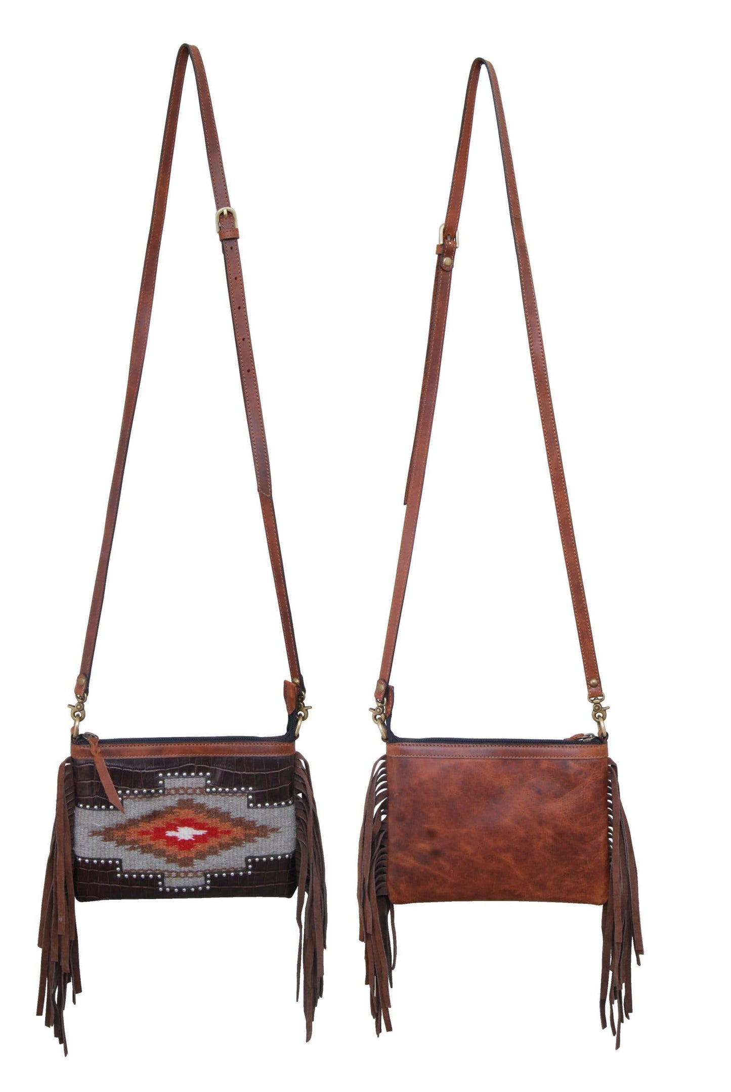 Cross Body Black Gator & Grey Wool Bag with Fringe