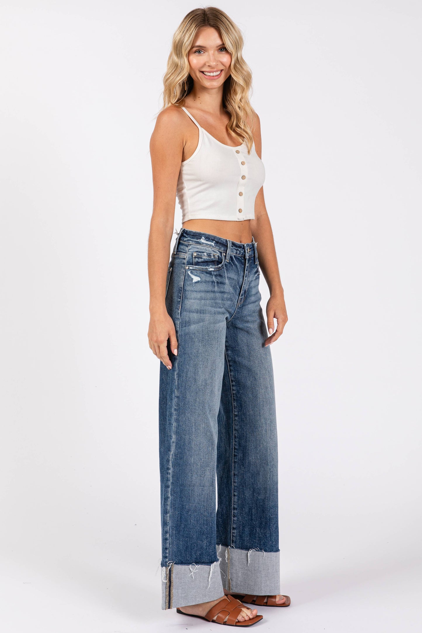 HIGH RISE STRETCH WIDE LEG W/ CUFFED HEM JEANS
