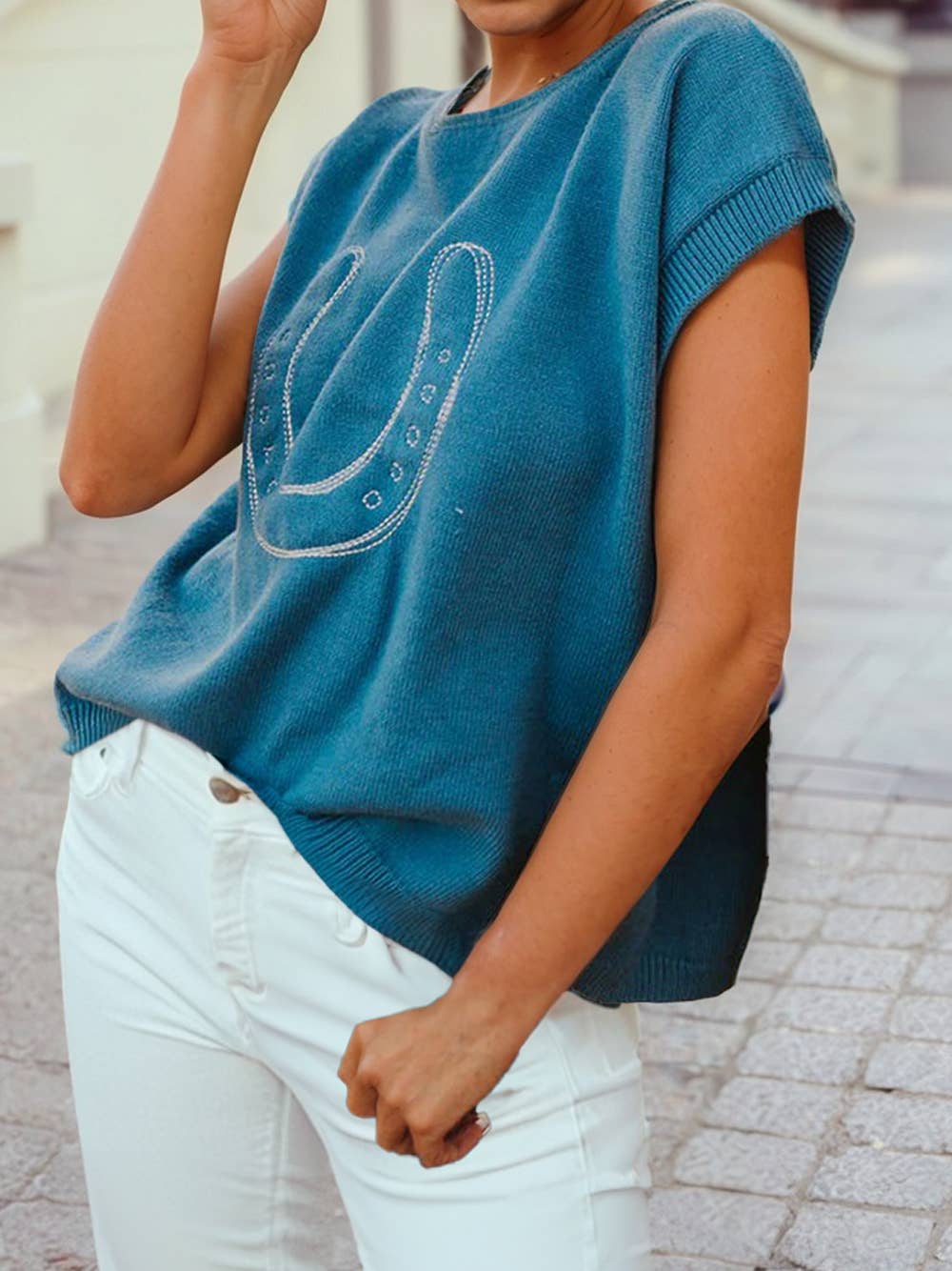 Horse Shoe Embroidered Loose Short Sleeve Sweater