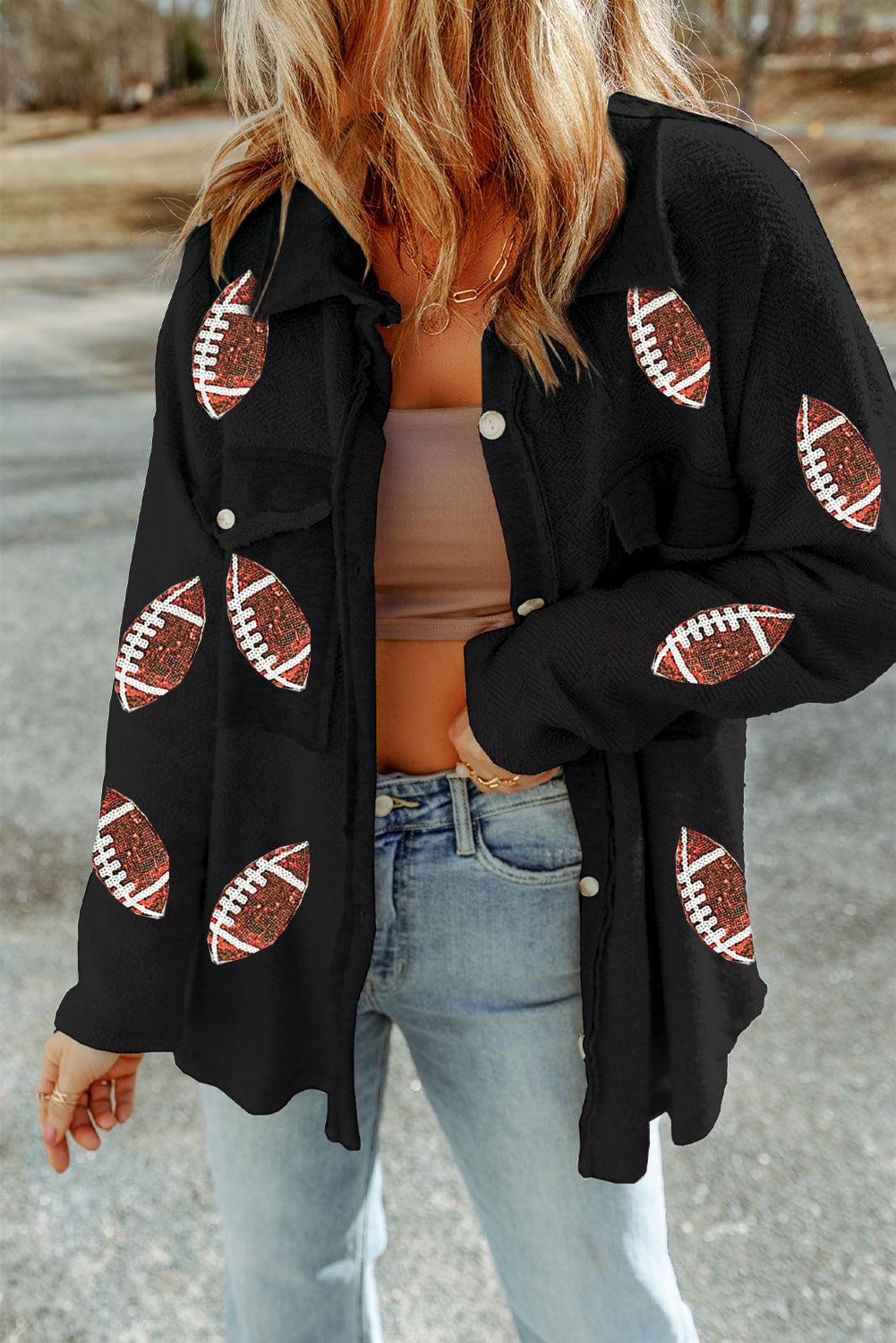 Black Sequined Football Buttoned Shacket