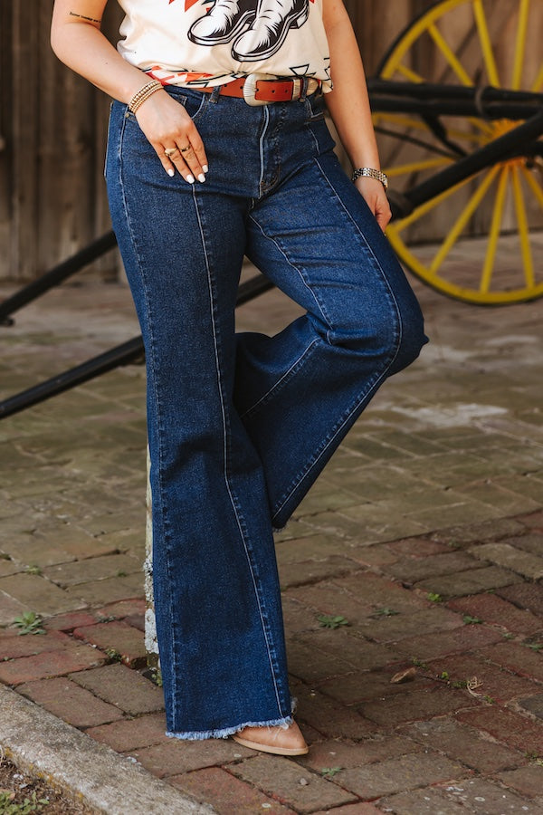 Dark Wash High Rise Raw Hem Flare Jean